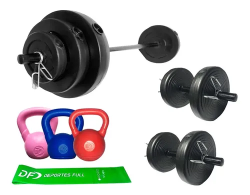 Barra + Mancuernas + 25 Kg En Discos Pvc Rellenos Pesas Df