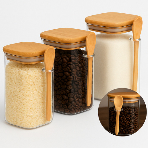 Kit 3 Potes De Vidro Tampa E Colher De Bambu Transparente