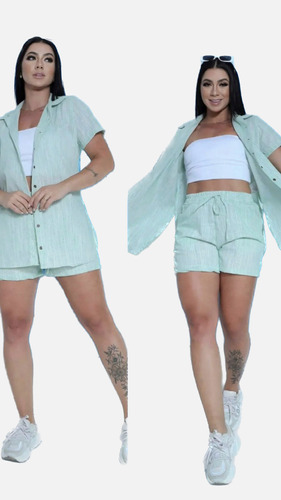 Conjunto Camisa E Shorts Bermuda Tricoline Listras Moda Luxo