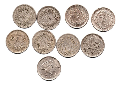 Set 9 Monedas Chilev De 20 Centavos Dif. Años 1924 Años 1925