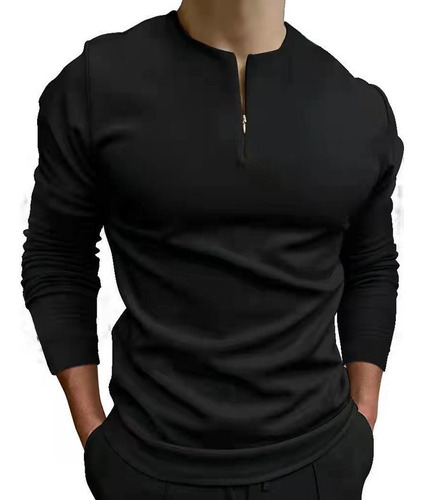 Camisa Hombre Cremallera Blusa Manga Larga Negra Gris