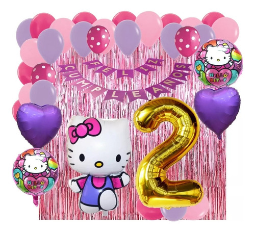 Kit Decoracion Gata Hello Kitty Fucsia Rosado Numero Cortina