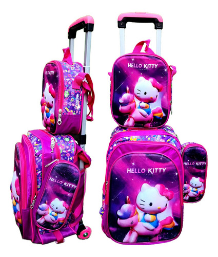 Mochila Escolar Con Ruedas Pack Con Lonchera+estuche Color Rosa Chicle- Hello Kitty Diseño De La Tela Liso