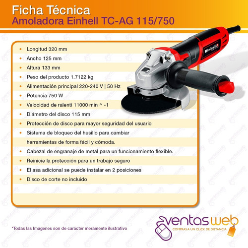 Imagen 9 de 10 de Taladro 13 Mm Percutor + Amoladora 115 Mm 750w Combo Einhell