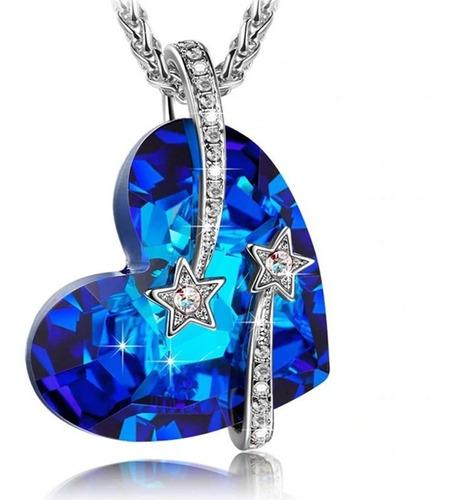 Colar Coração Azul Detalhe Estrela Cadente Cravejado Cristal