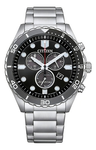 Reloj Citizen At256882e Hombre Eco Drive Cronógrafo Malla Plateado Bisel Negro Fondo Negro