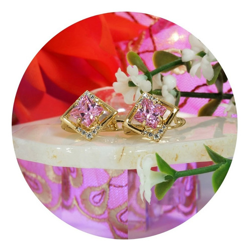 Aretes Broqueles Gema Corte Princesa Oro 24k Rosa Diamante