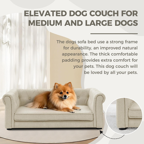 Sofá Cama Elevado Para Perros Grandes Tela Lavable En Seco Beige Talle
