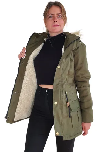 Parka De Abrigo Con Corderito Negra Y Verde Militar