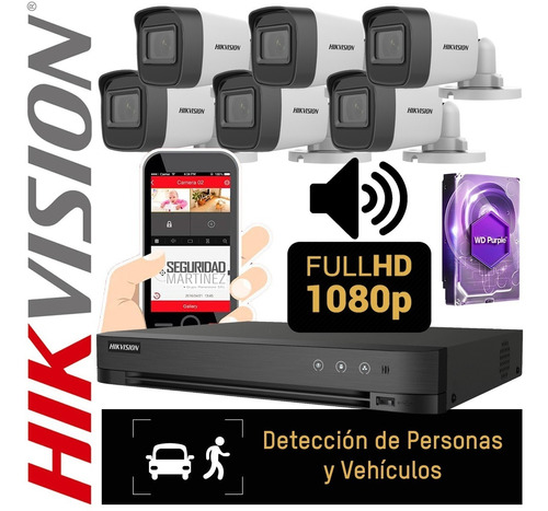 Kit Dvr Hikvision Alerta Intrusion Personas 6 Camaras Audio