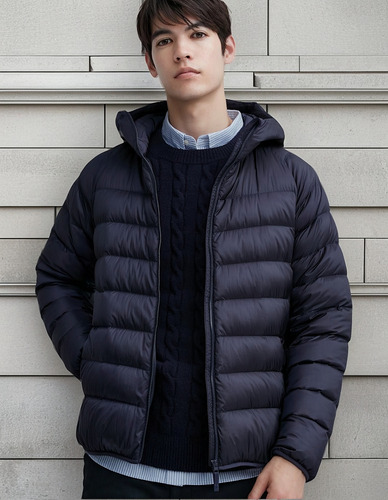 Campera Uniqlo Navy Ultra Light Down Hombre Con Capucha Ed.
