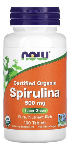Now Foods Espirulina Orgánica Certificada 500 Mg 100 Comp