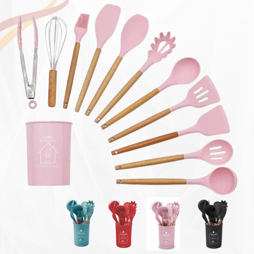 Kit 12 Utensílios De Cozinha Em Silicone E Cabo Madeira Cor Único