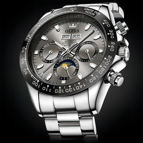 Reloj Automático Olevs 6654 Moon Phase Chronograph Color del fondo Gris