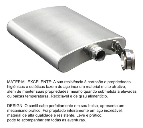 Cantil Metálico De Bolso Vodka Pequeno Inox Bebida Wishy Cor Cantil Porta Bebida Inox 200ML