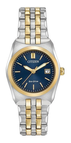 Reloj pulsera Citizen EW229 con correa de acero inoxidable color plateado/dorado - fondo azul - bisel dorado