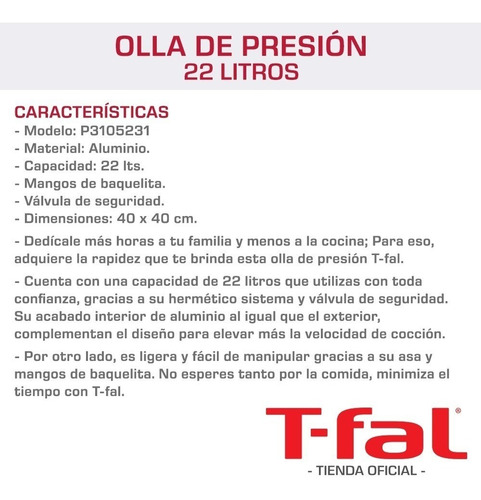 Imagen 8 de 9 de Olla De Presión 22 Litros T-fal Aluminio Válvula De Seguridad Tefal