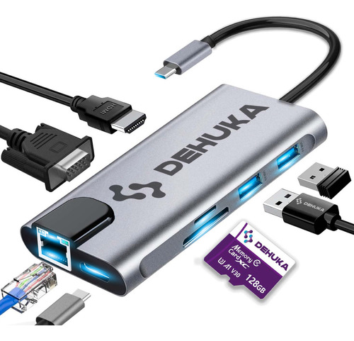 Dehuka Adaptador 8 Puertos En 1 USB C HDMI VGA Conector De Entrada USB Tipo C Conector De Salida Mini Tipo-B