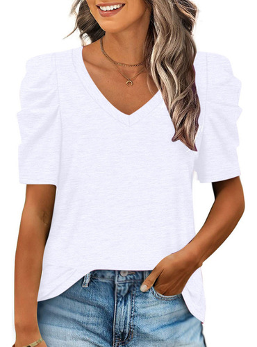 Camiseta Casual C Para Mujer, Cuello En V, Bonita Manga Abul