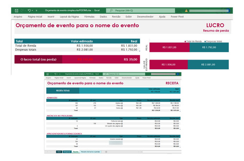 Planilha Excel Para Gestão De Eventos- Orçamento X Despesas