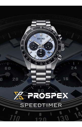 Reloj Seiko Hombre Chrono Prospex Speedtimer Energia Solar Malla Plateado Bisel Negro Fondo Azul Claro