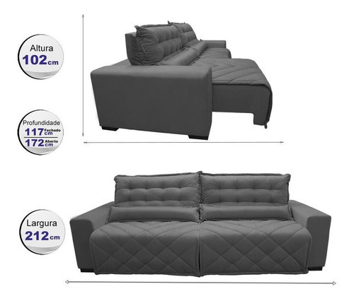 Sofá 2,12m Retrátil E Reclinável Cama Inbox Plus Cinza