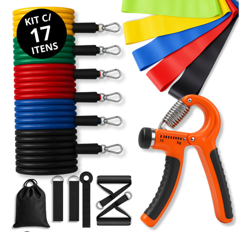 Kit 17 Itens Jcanova Store - Elasticos Extensor + 5 Mini Bands + Handgrip Treino Em Casa E Fisioterapia Faixa Elástica Pilates Store