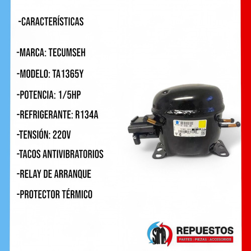 Motor Compresor Bocha Heladera Familiar Ta1365y 1/5 R134a