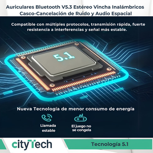 Auriculares Bluetooth V5.3 Estéreo Vincha Inalámbricos Casco Plateado