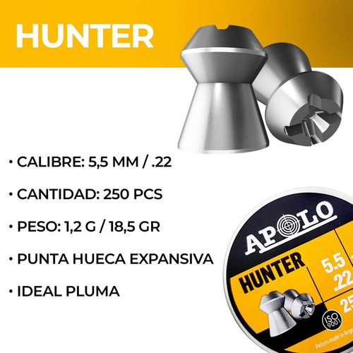 Imagen 2 de 10 de Balines Apolo Hunter Punta Hueca X 250 5.5 Mm 18,5 Gr