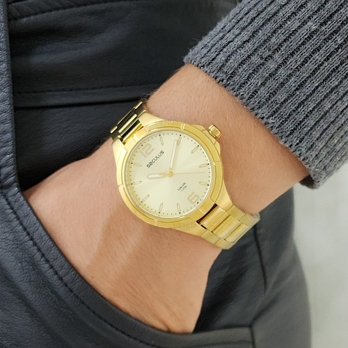 Relógio Seculus Feminino Long Lifeoriginal Pulso Correia Dourado Bisel Dourado Fundo Bege