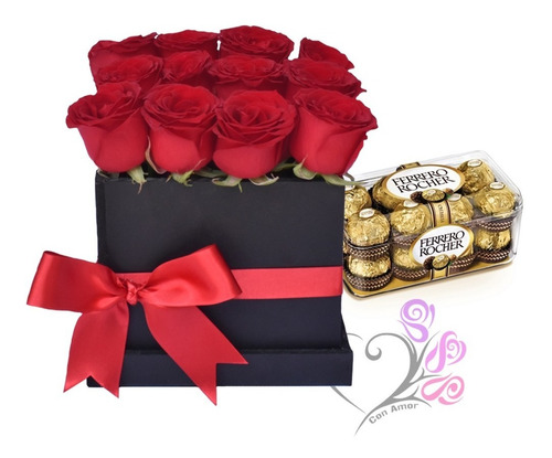 Arreglos Florales Caja Con 12 Rosas Rojas + Chocolates Cdmx