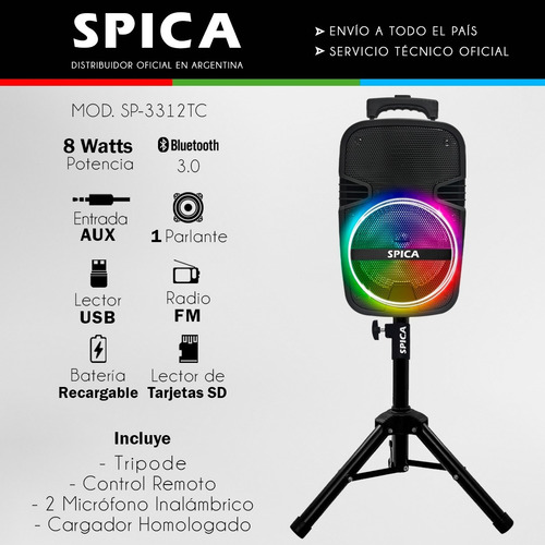 Parlante Spica Sp-3312tc Portatil Bluetooth Karaoke Tripode