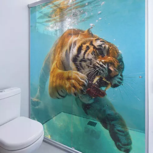 Adesivo Para Box De Banheiro 3d Tigre Andando Largura Total Até 120cm