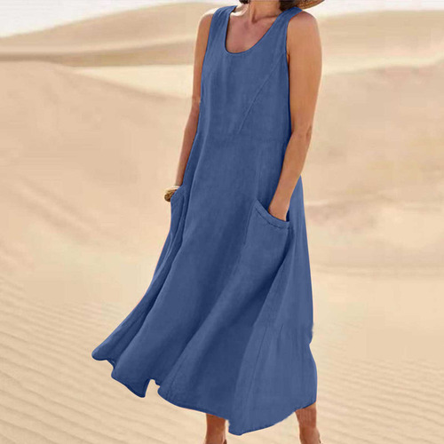 Vestido Casual De Mujer Color Liso Sin Mangas Algodón Lino