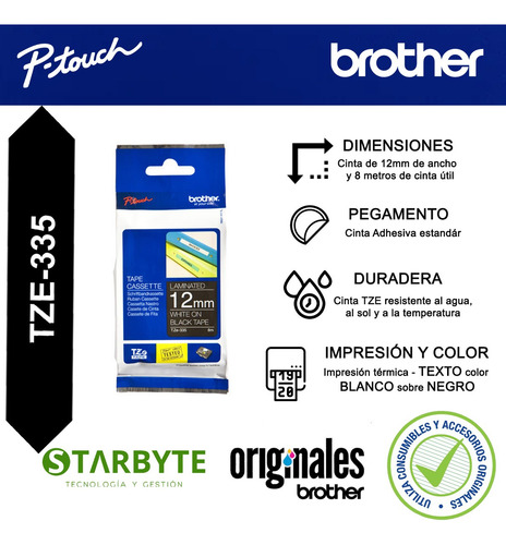 Cinta Brother Tze335 Para Rotuladoras 12mm X 8mts