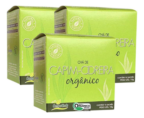 Kit 3 Capim Cidreira Chá Orgânico Campo Verde 10 Sachês