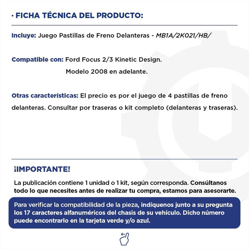 Imagen 2 de 7 de Juego Pastilla De Freno Delanteras Motorcraft Ford Focus