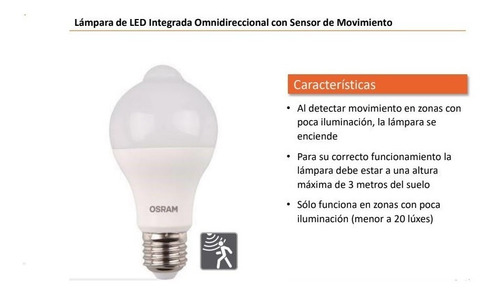 Imagen 5 de 9 de Lámpara Led Osram C/ Sensor Movimiento 9w Luz Fria E27
