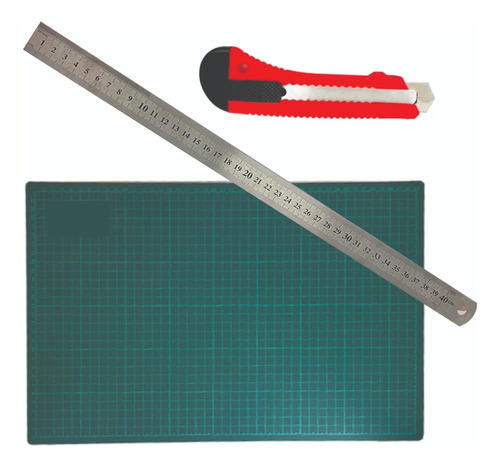 Kit Corte Regla Acero 40cm + Base A4 + Cutter Metal Cuota