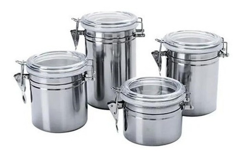 Kit 4 Potes Herméticos Inox Com Tampa Transparente E Trava