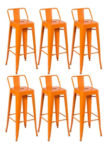 Kit - 6 X Banquetas Altas Iron Tolix Com Encosto 76 Cm Cor Laranja