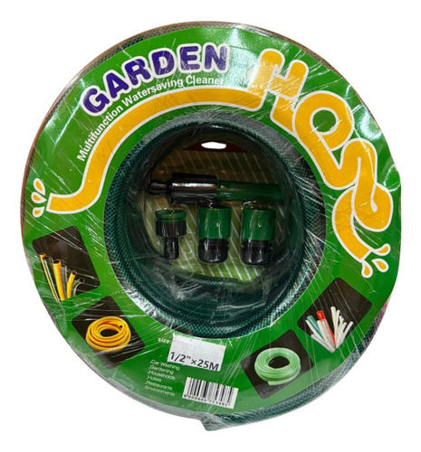 Manguera Reforzada De Jardin 25m + 3 Pistones Color Verde