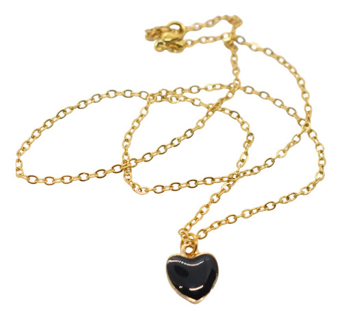 Cadena Dije De Corazón Negro Collar Acero Dorado 