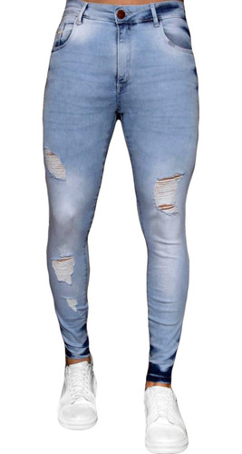 Calça Jeans Destroyed Devorê Azul Clara Super Skinny Premium