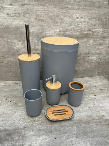 Set De Baño Plástico Y Bambú 6 Piezas Estilo Nordico Gris