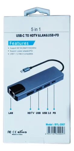 Adaptador Tipo C Para Internet Hdmi + Rj45 Lan + Usb X2 4k