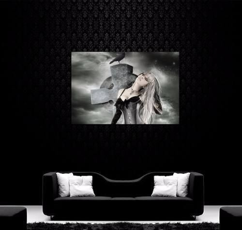 Cuadro 50x75cm Gotico Mujer Cuervo Cruz Sensual Dark Black