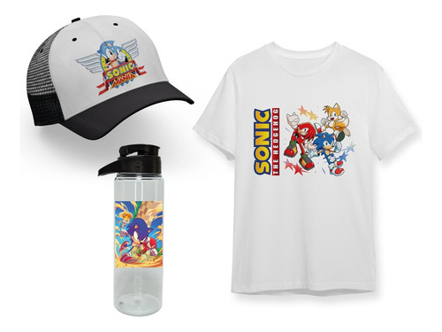Pack Negro Remera + Botella + Gorra Sonic Tails Knuckles 