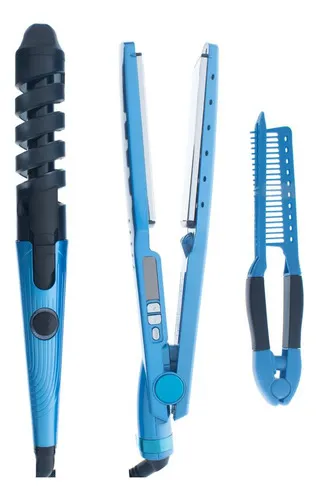 Set Planchita + Buclera Y Peine Profesional Beauty Style Color Celeste